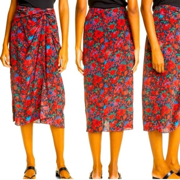 Rag & Bone Amber Midi Skirt Black Bright Floral 2 Slit Wrap Waist Detail Lined - Picture 4 of 15